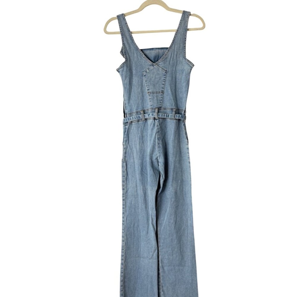 Hot Kiss Women Size S Vintage Denim Jumpsuit Belt One-Piece 90s Y2K Stretch Blue - Picture 2 of 7